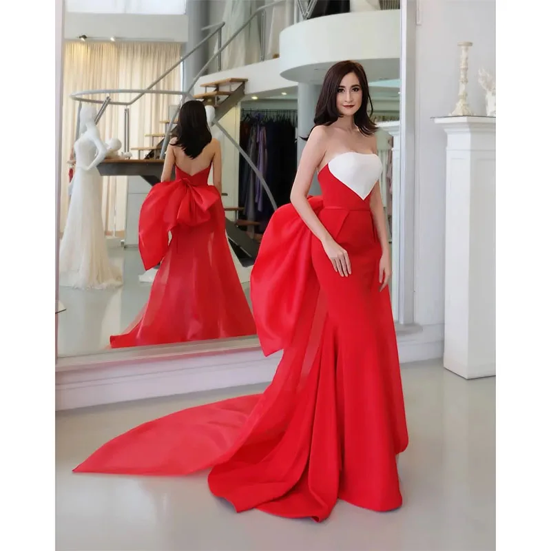 2024 Red Mermaid Evening Dresses Strapless Satin With Big Bow Backless Prom Gowns Special Occasion Dress Formal Wear