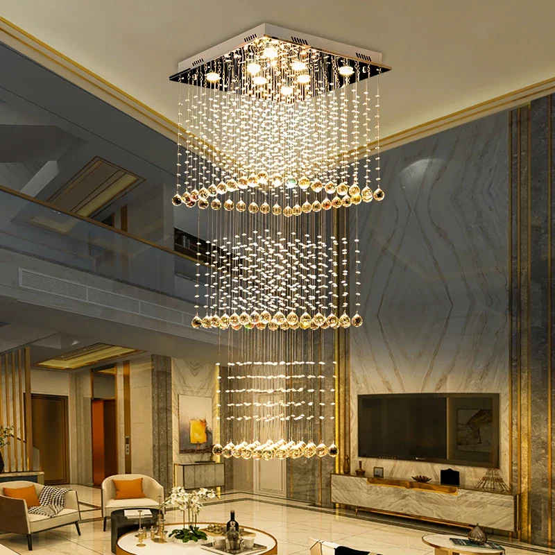 

Duplex Living Room Pendant Chandelier Square Stair Hanging Lamp Hotel Villa Project Light Modern Luxury Crystal Long Chandelier