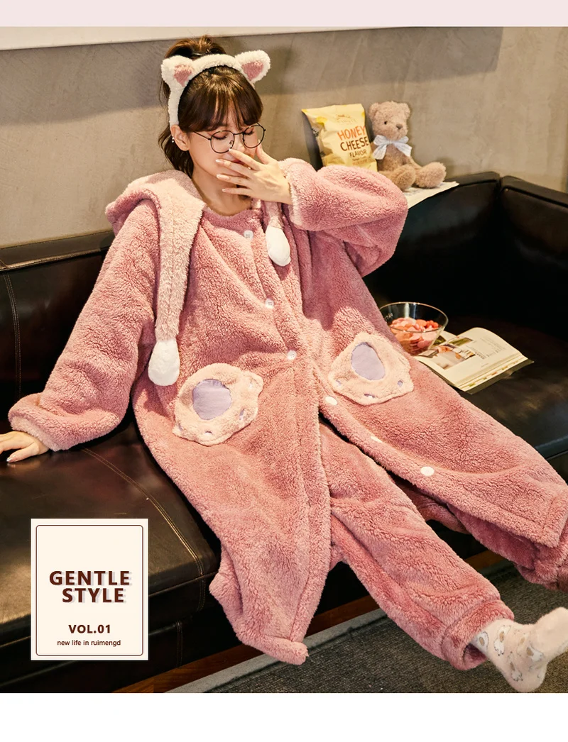 Disney Stitch Angel Hooded Pajamas Y2k Couple Kawaii Coral Fleece Home Clothes Set Women Winter Warm Plush Female Sleepwear Suit