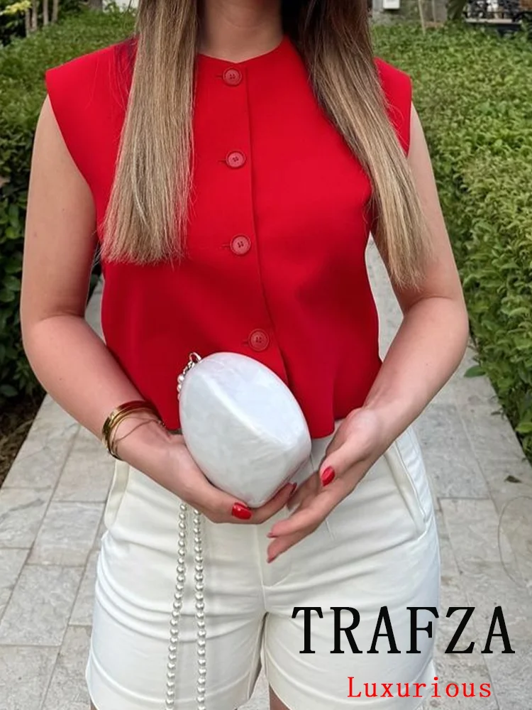 TRAFZA Vintage Casual Chic Women Tops Sleeveless Single Breasted Short Slim Vest New Fashion 2024 Autumn Holiday Female Tops