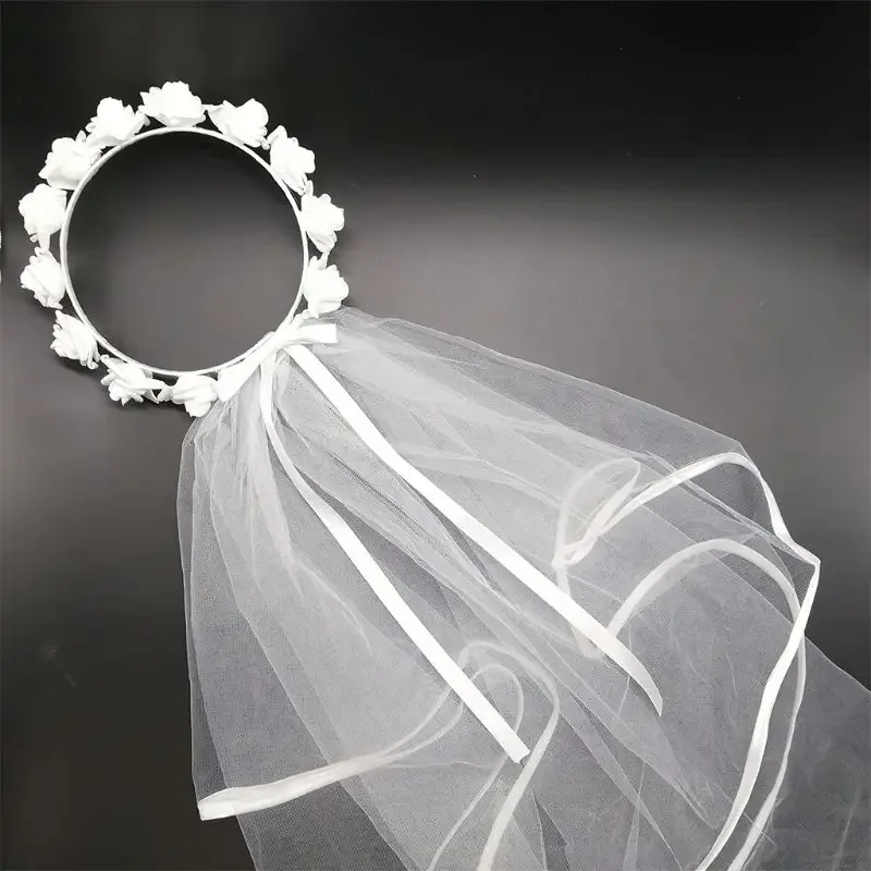 Velo de novia para mujer, corona de pelo de flores blancas, diadema de boda, cinta ajustable con cordones, accesorio para despedida de soltera