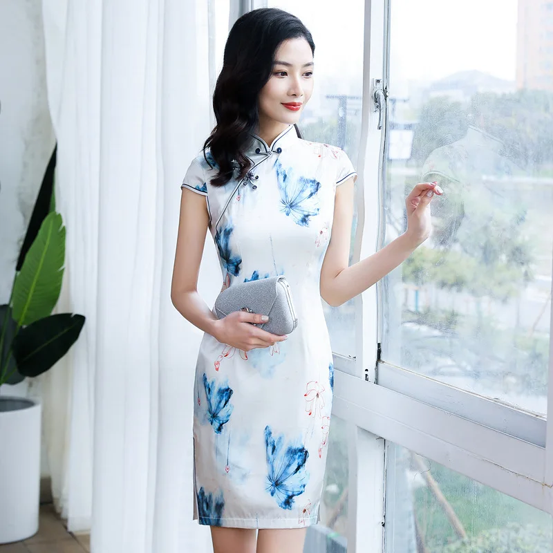 Summer New High Quality Real Silk Printed Improved Short Casual Cheongsam Qipao Women's Dress