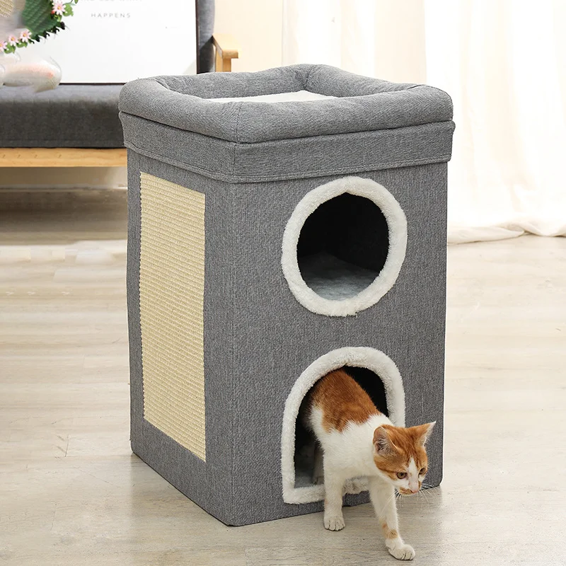 سرير قطط بيت قطط كهف وبرج قابل للطي داخلي 3 طبقات مع لوح عمود خدش قابل للمخالب منفصل إلى 2 سرير مكعب كبير للقطط #4