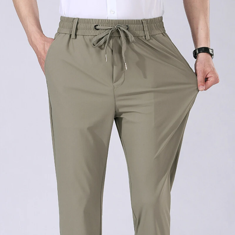 High Quality Mens Stretch Casual Pants Elastic Waist Sweatpants Ice Silky Comfortable Pants Wrinkle Resistant Running Slacks