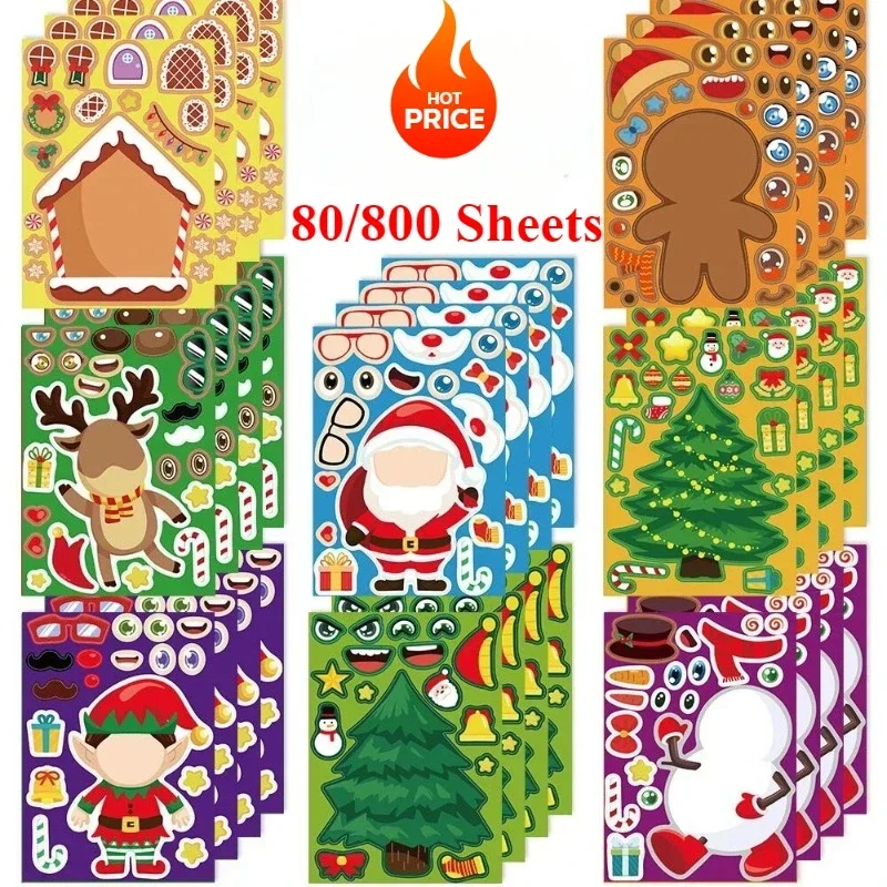 40/80/800 PCS  Christmas Puzzle Stickers Create Your Own Santa Claus DIY Make-a-Face Kids Jigsaw Games Party Decoration Toy