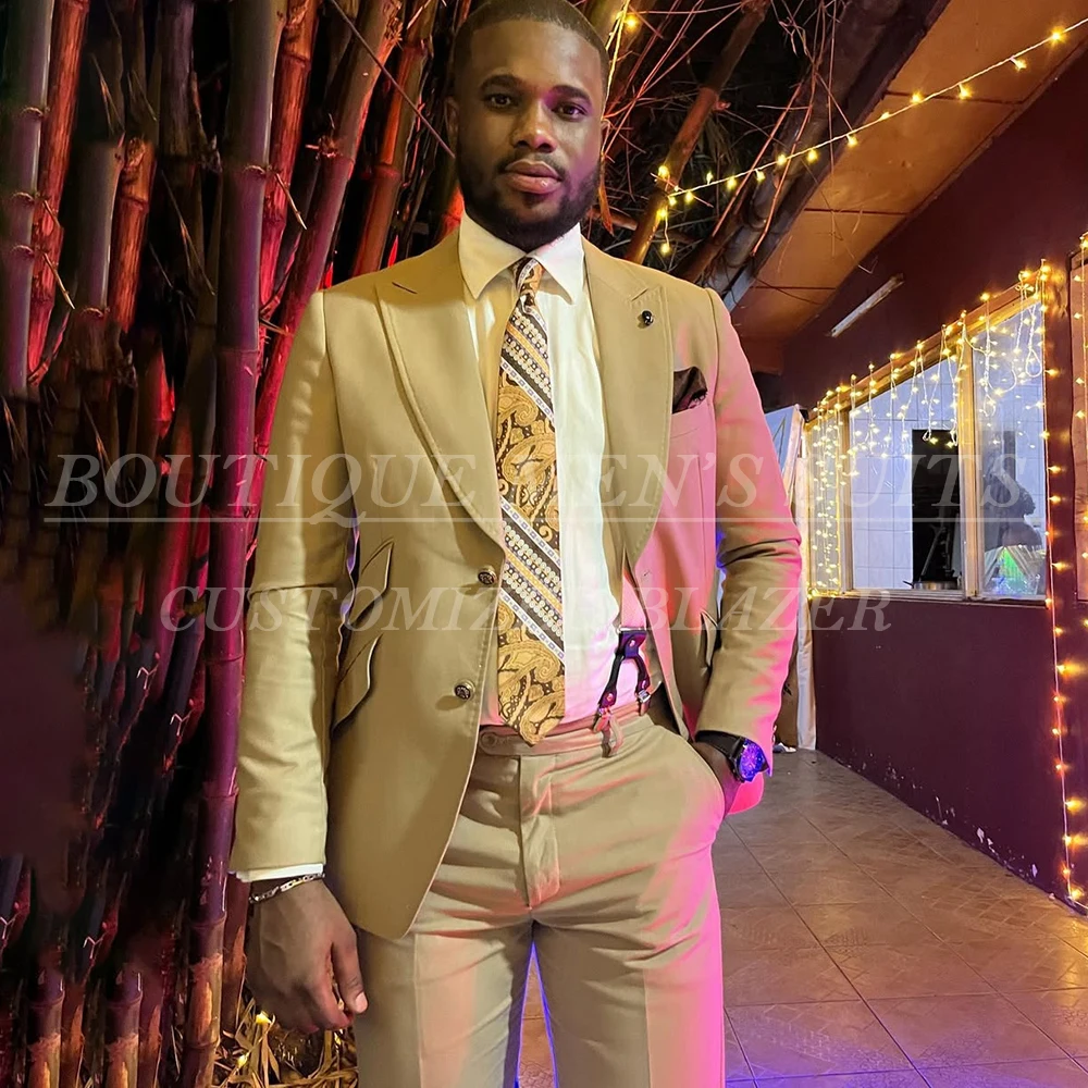 

Luxury Wedding Men Suits Champagne Single Breasted Peak Lapel Slim Fit Blazer Formal Groomsmen 2 Piece Jacket Pants Outfits