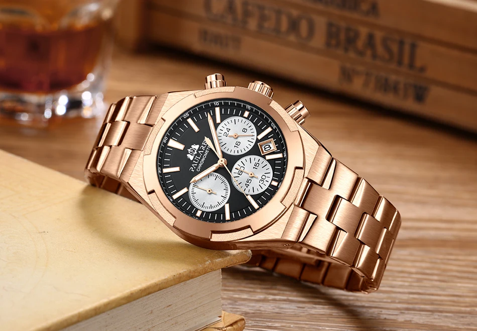 Men Chronograph Luxury Luminous Rose Gold Silver Blue Fashion Quartz Overseas Stainless Steel Watch