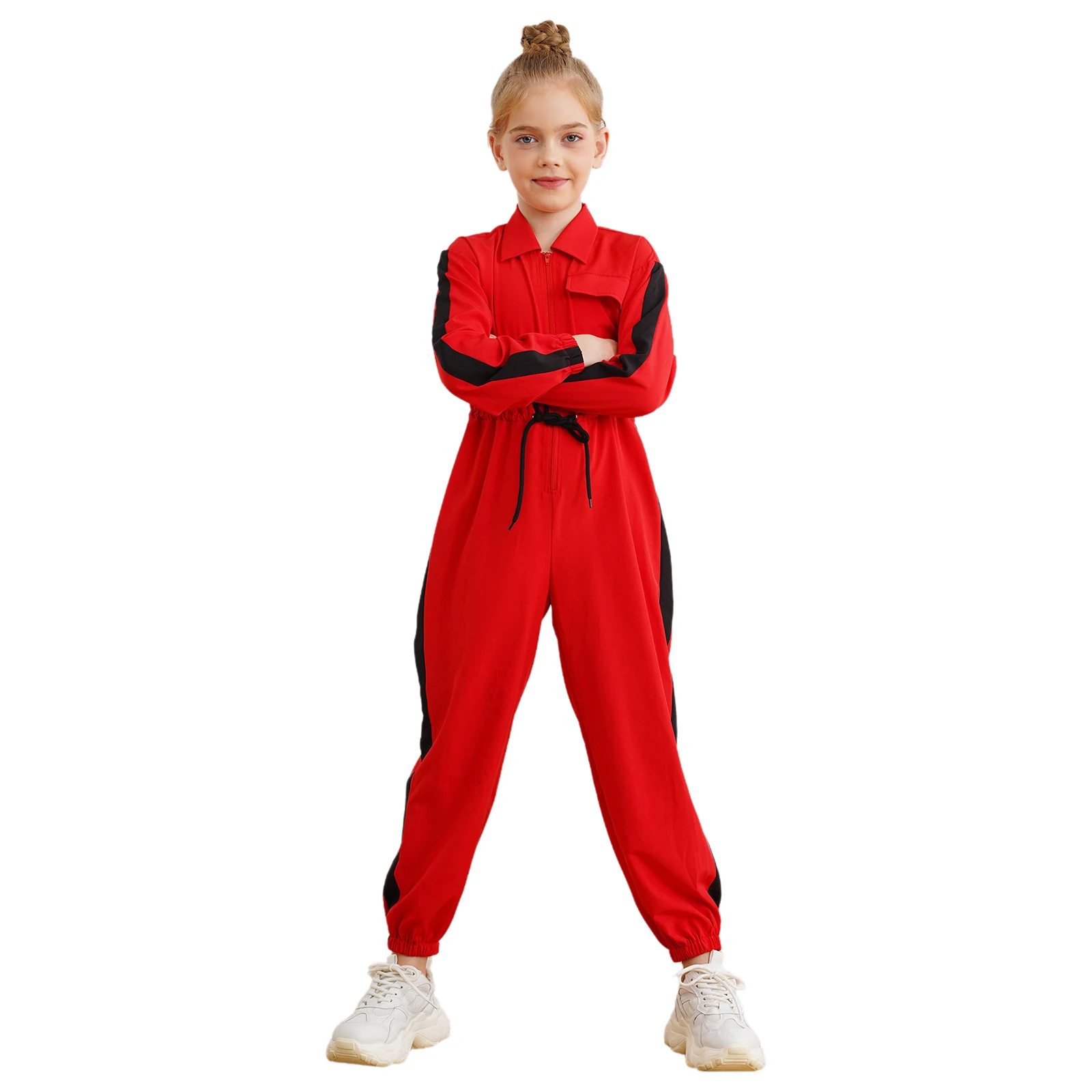 

6-16 Years Old Kids Girls Fashion Color Block Jumpsuits Turn-Down Collar Long Sleeve Zipper Drawstring Waist Rompers