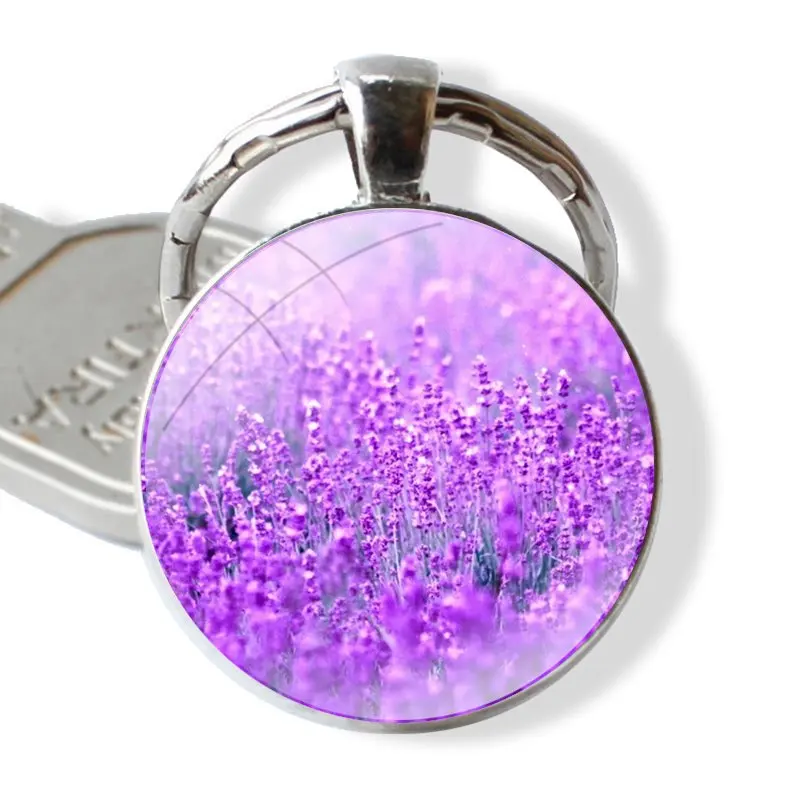 lavender Purple flowers Keychain Handmade Glass Cabochon Key Ring Holder Pendant Key Chains image 2