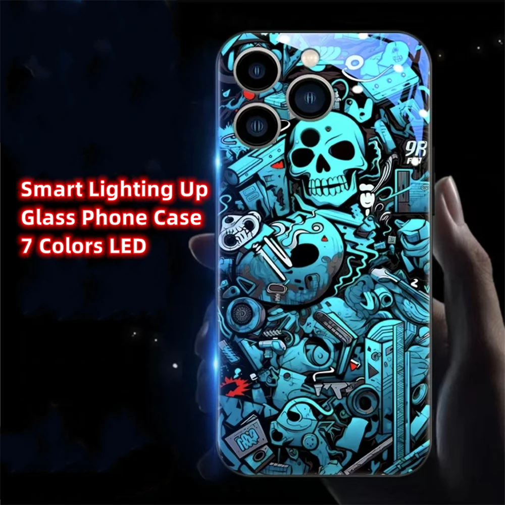 Graffiti Skeleton Luminous Glass LED Call Light Up Flash Phone Case For Samsung S24 S23 S22 S21 S20 FE Note 10 20 Plus Ultra