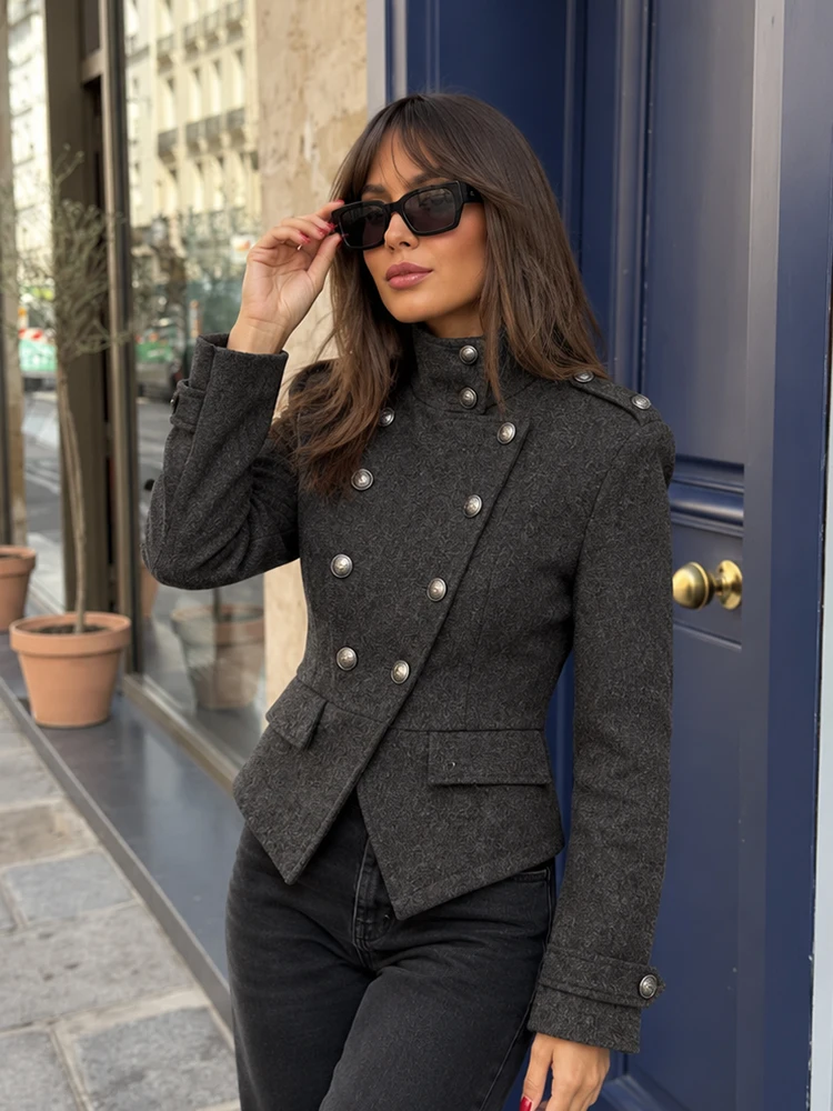 HH Women's Vintage Military Style Jacket Autumn 2026 Double Breasted Cropped Coat Stand Collar Metal Buttons Chic Casual Wear