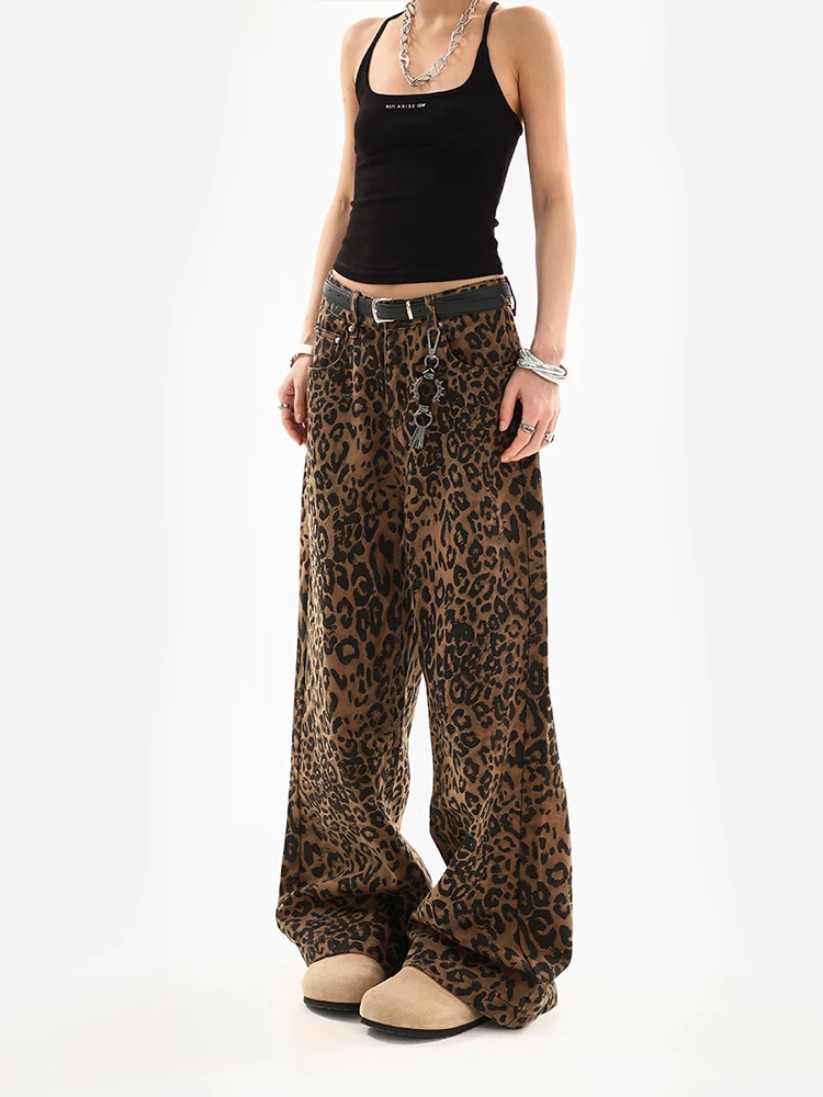 Jeans feminino retrô com estampa leopardo reto, calça feminina vintage, calças largas largas largas largas, streetwear, estilo de rua