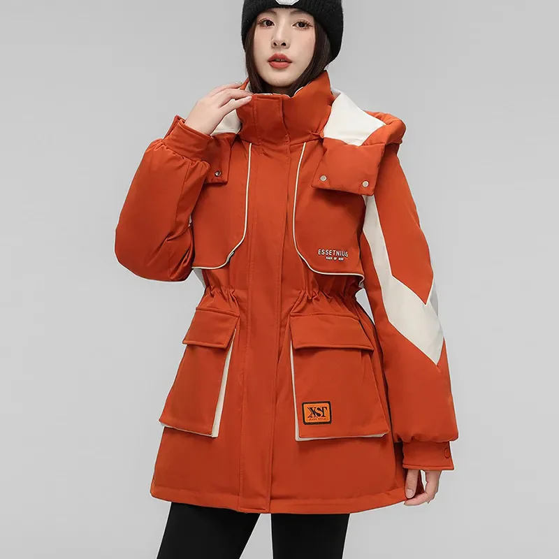 Winter New Detachable Hat Down Cotton-Padded Jacket Women Overcoat Fashion Color Matching Tooling Parker Thick Warm Cotton Coat