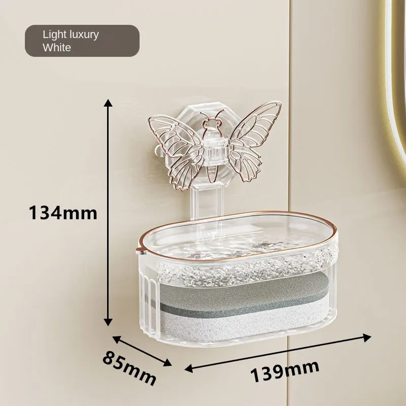 Suction Cup Soap Holder with Butterfly Design, Double Layer Soap Box with Sponge and Drainage, No Drilling Soap Storage Shelf