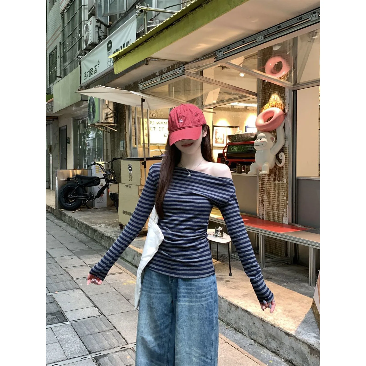 B Spring Fall Women's New Japanese Basic Models Slim Long-Sleeved Striped t-Shirt Strapless Korean Street Style y2k Thin Tops