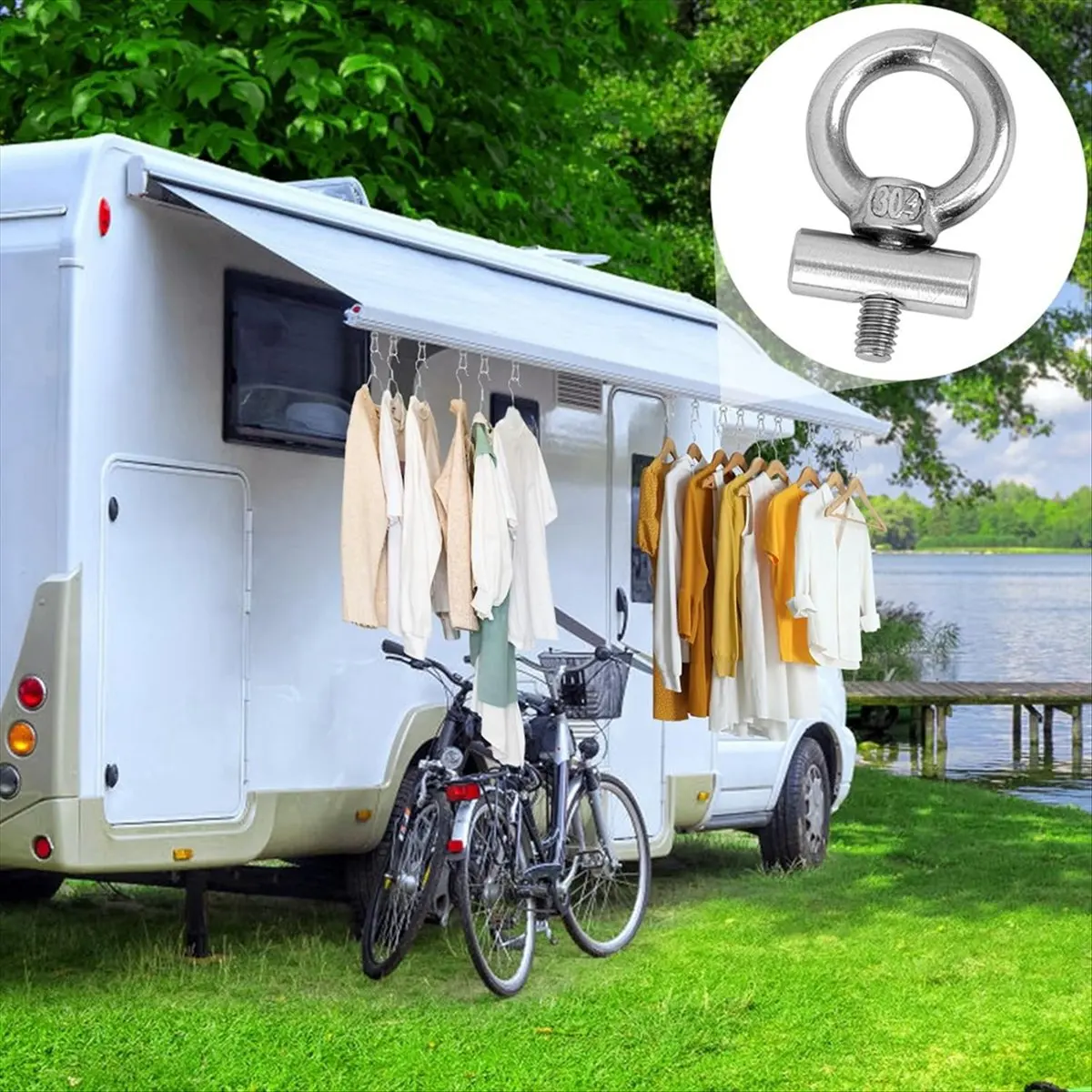 AT16 10PCS Awning Rail Stoppers 6mm with 10 Carabiners, 304 Stainless Steel Rv Awning Hooks for Lights Camping Awning