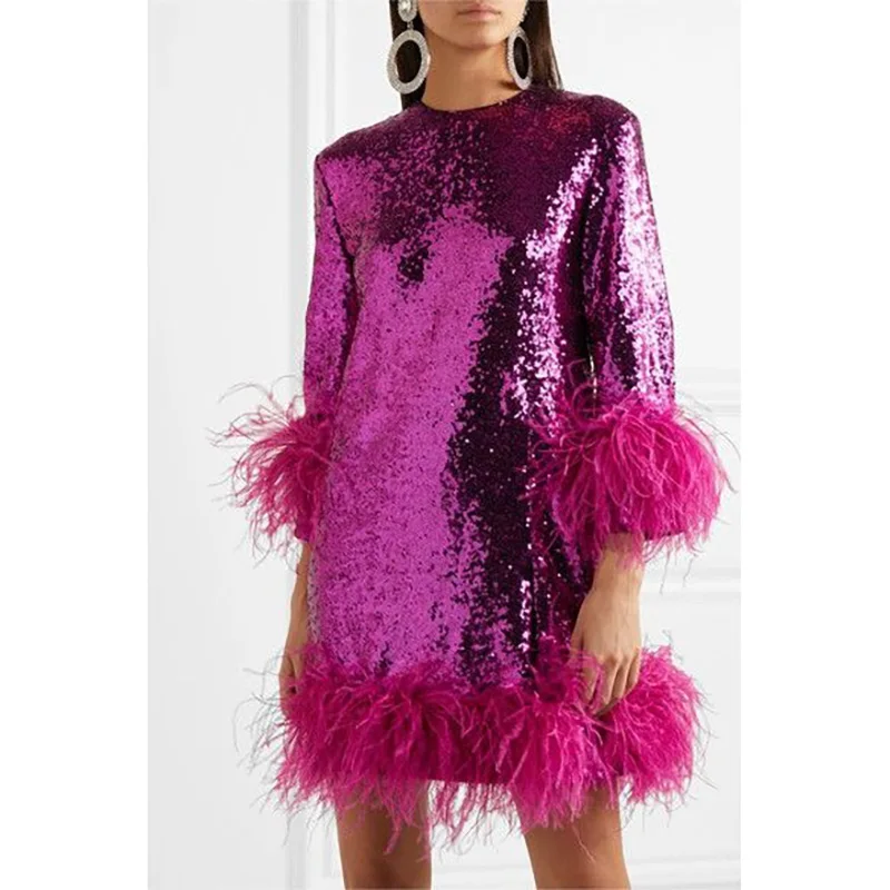 Abiti corti con paillettes luccicanti maniche lunghe dritte con piume rifinite ritorno a casa donne festa notte Prom abbigliamento da notte per ragazze