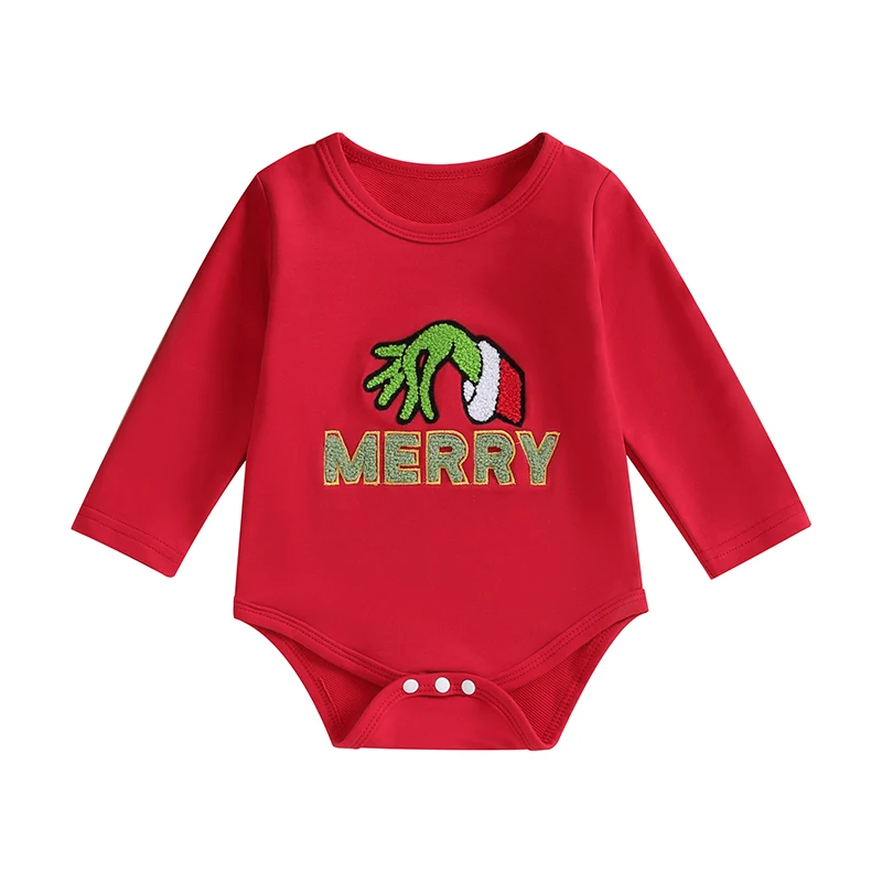 Baby Boys Girls Christmas Romper Fuzzy Embroidery Long Sleeve Crew Neck Bodysuit Newborn Playsuit