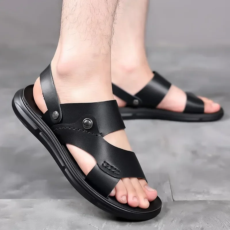 Summer Designer Men Patent Leather Sandals Hook & Loop Outside Men Cow Leather Slippers Soft-soled Male Casual Sandals Non-slip