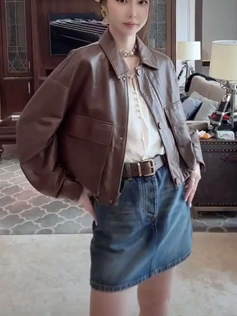 陳夫人 2024年春新作 レトロ 多用途 本革 ジャケット レディース コート ウエストマーク アウターウェア