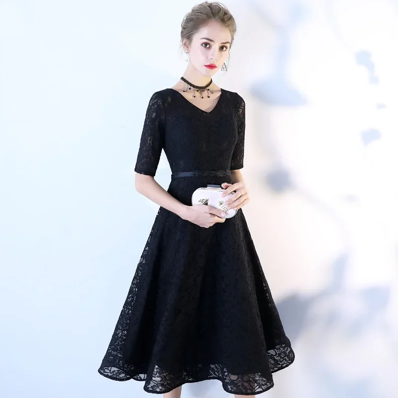 

2025 new fashion women evening dress sexy v-neck lace black party dresses ankle length formal dress half sleeve Pageant