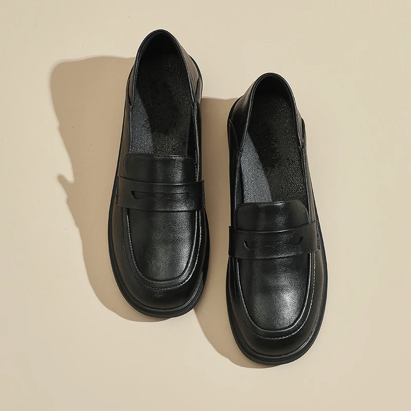 Physical Shooting Hight Quality Classic British Casual Style Black Leather Loafers For Women Daily Dress Height Increasing Shoes