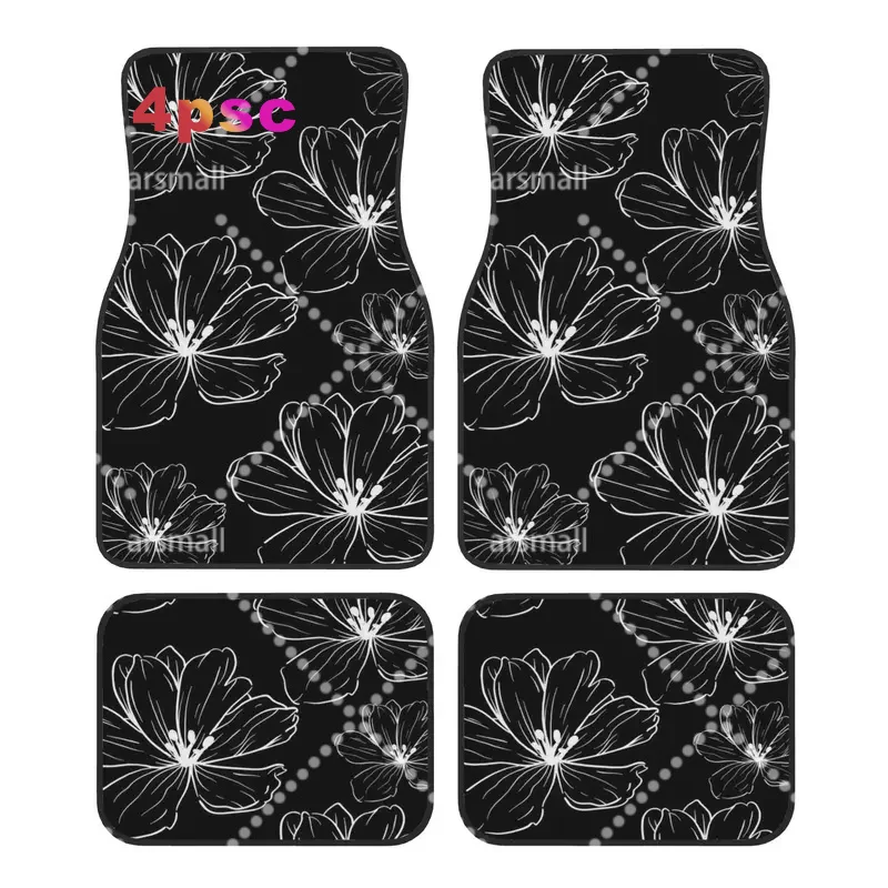This Set Of 4 Car Floor Mats Features An Elegant Design With A Floral Pattern Outlined In Distinctive White Lines. The Personali