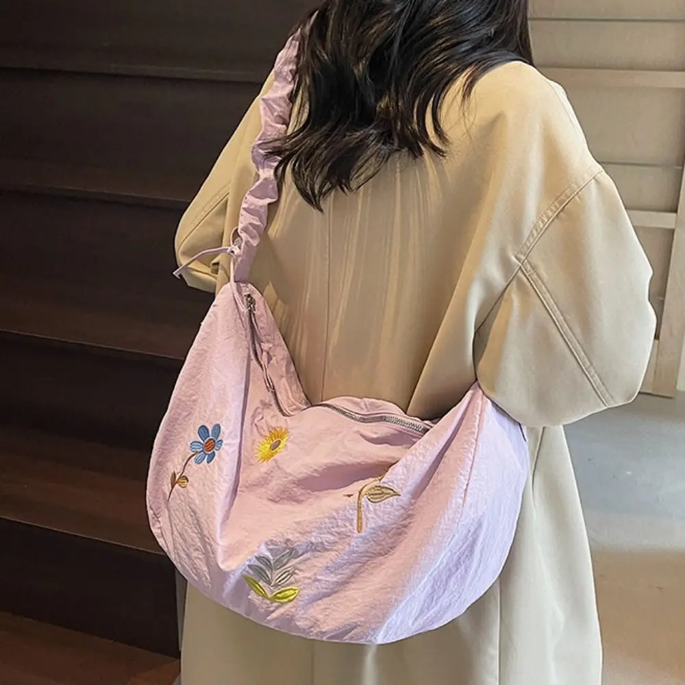 

Korean Style Nylon Dumpling Bag Lightweight Drawstring Flower Embroidery Tote Bag Solid Color Handbag Oxford Cloth Shoulder Bag