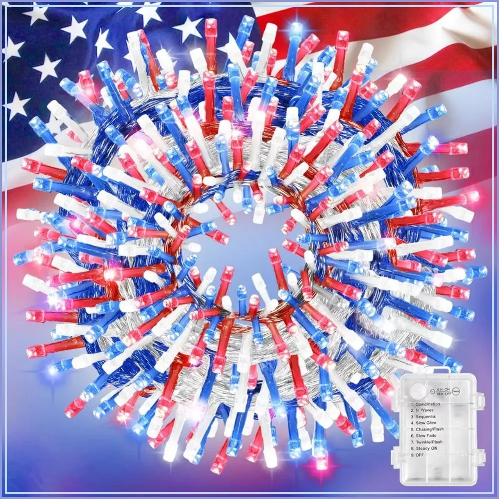 

34.1FT 100 LED Battery Operated String Lights, 8 Modes, Waterproof, for Independence Day, Patriotic Decor