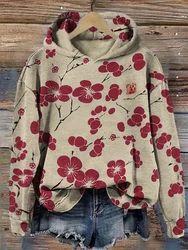 Sudadera con capucha con estampado de flor de cerezo para mujer, sudadera holgada informal suave retro para mujer, top de manga larga para estudiantes de otoño e invierno