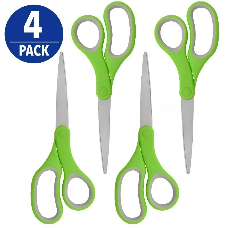 KleenCut 8” Titanium Scissors with Ergonomic Green Handle, 4-Pack for Office and High School