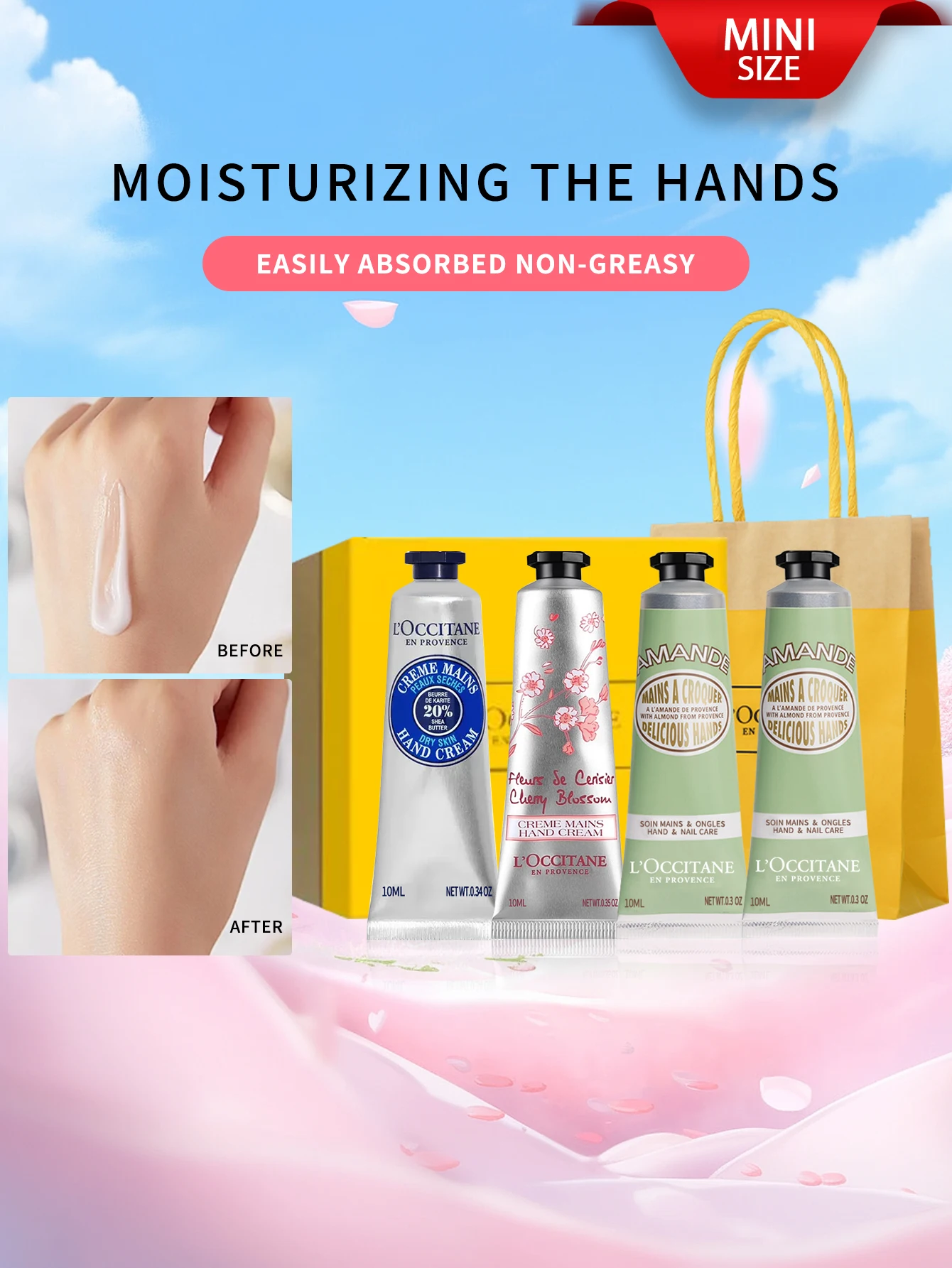 L\'Occitane en Provence Mini Hand Cream  4-Piece Set 10ml*4（Shea Butter, Almond, Cherry Blossom Iconic Scents）