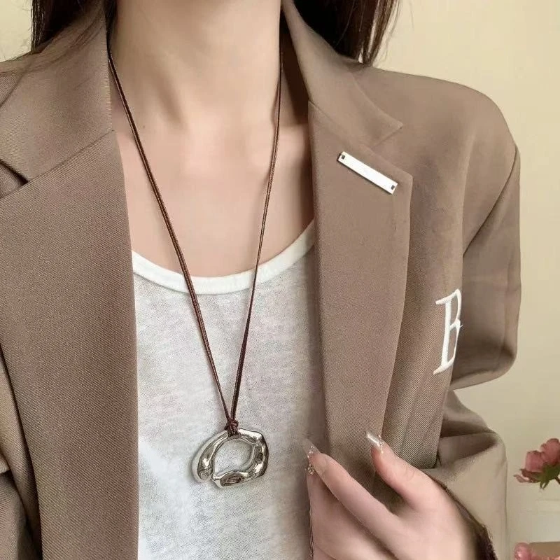 Vintage Irregular Hollow Geometric Pendant Necklace Adjustable Black Rope Cord Gold Color Hammered Texture Boho Long Neck