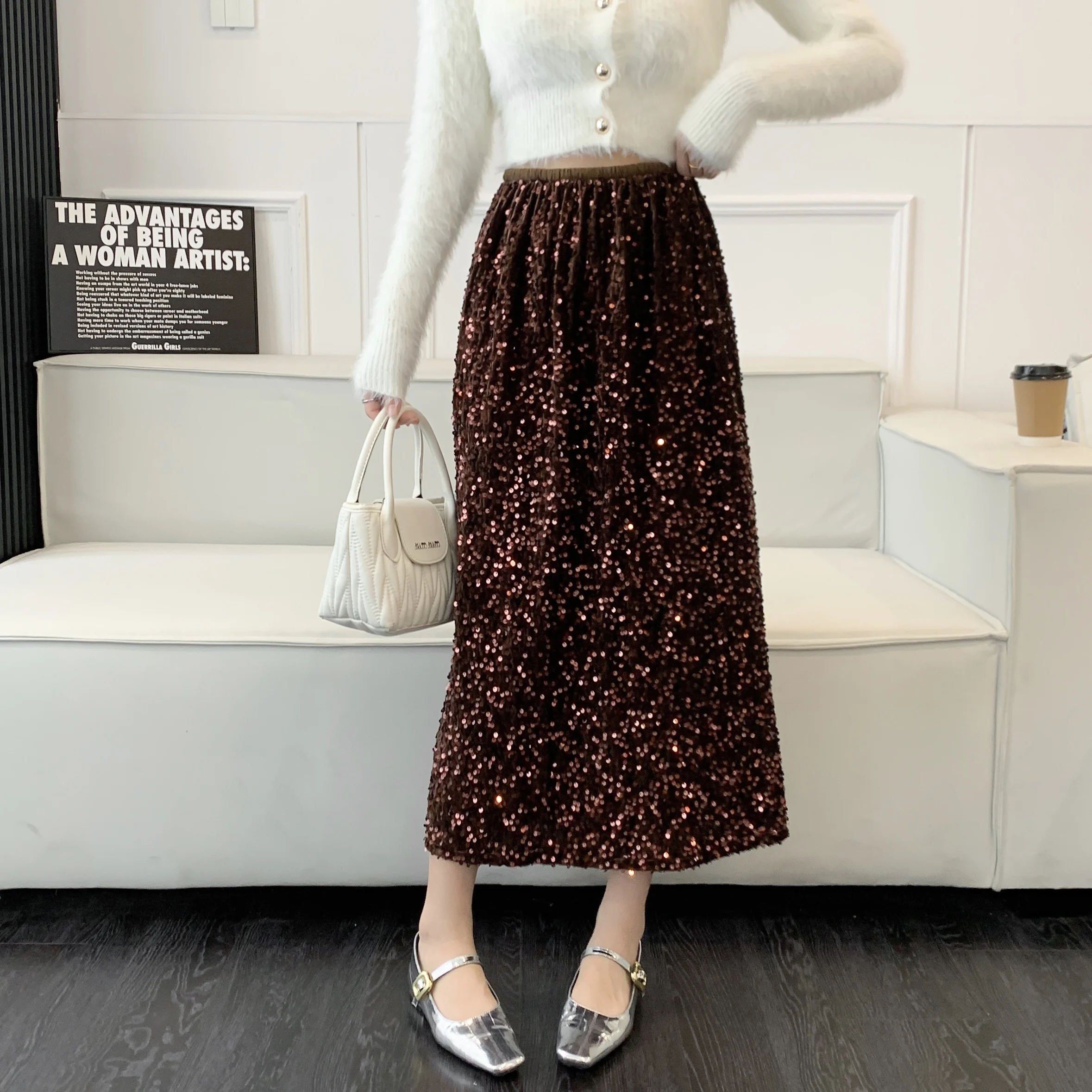 2024 New Fall Winter European Style A-line Skirt Chic Sexy Shiny Sequins Women High Waist Elastic Blingbling Midiskirts 311193