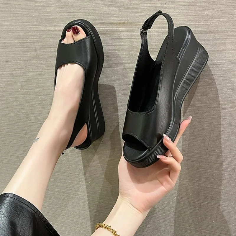 Sandalias de Mujer, Sandalias informales de verano con punta abierta, Sandalias de cuero PU con suela gruesa y talón descubierto, zapatos gruesos sólidos, Sandalias para Mujer
