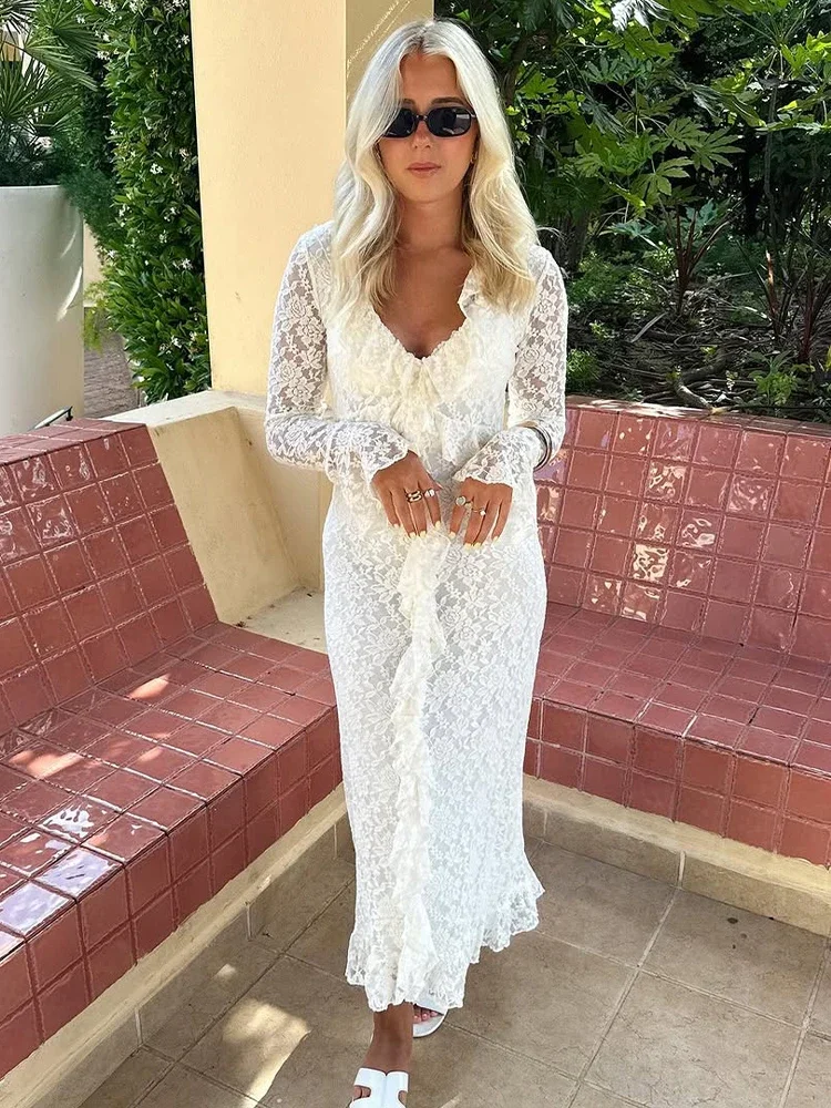 Solid Flared Sleeve Lace Dresses Women's Elegant Irregular Slit V-neck Ruffled Long Dresses 2025 Summer Beach Party Gowns