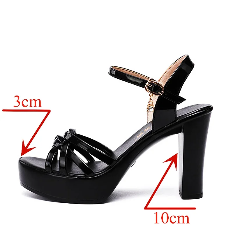 10cm Small Size 32-43 Elegant Knot Patent Leather Sandals Platform Shoes 2024 Womens Block High heels Sandals Office Model Party