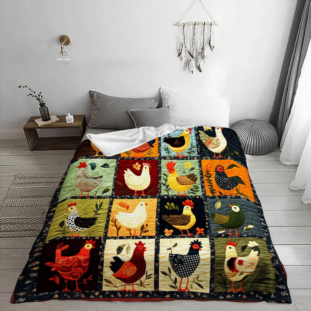 Vintage Chicken Patchwork, Farmhouse Lover Gift, Quilted Blanket, Colorful Rooster Grid Design, Multi-Purpose Home Decor, Soft C