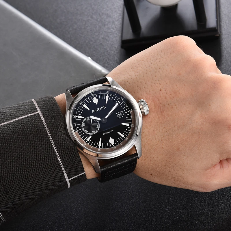 새로운 Parnis 46.5mm 블랙 다이얼 자동 기계식 남자 시계 달력 가죽 스트랩 남자 스포츠 시계 럭셔리 남자 선물 시계