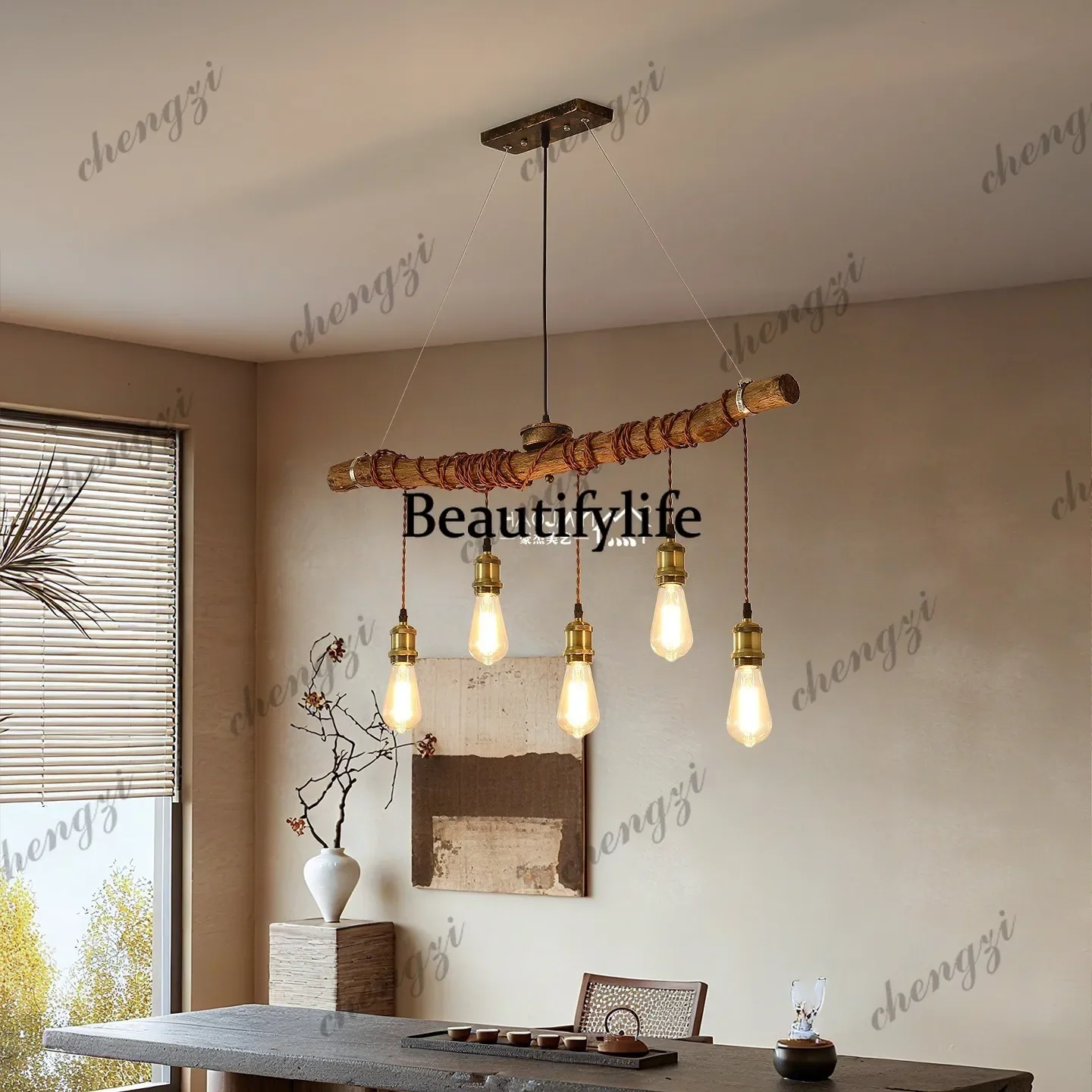 M138 Wabi Sandy Wind Solid Wood Decorative Chandelier Homestay Tea Room Decorative Hanging Light Log Design Creative Bar Counter