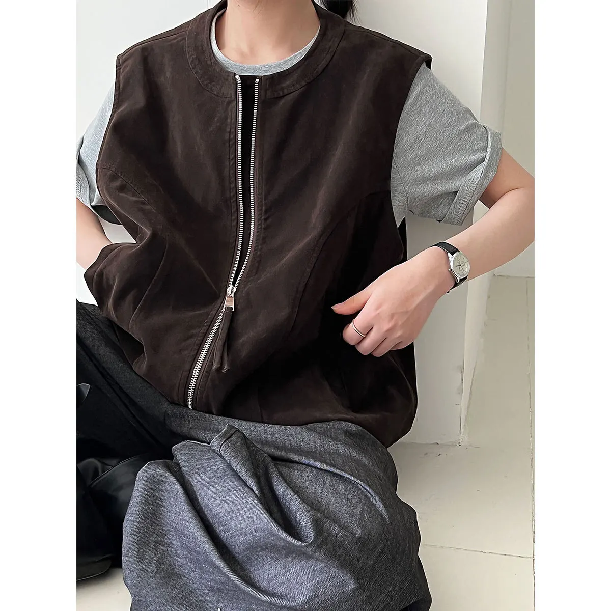 

Suede Vest Round Neck Sleeveless Zipper Women, Loose Layered Casual Vest For Autumn