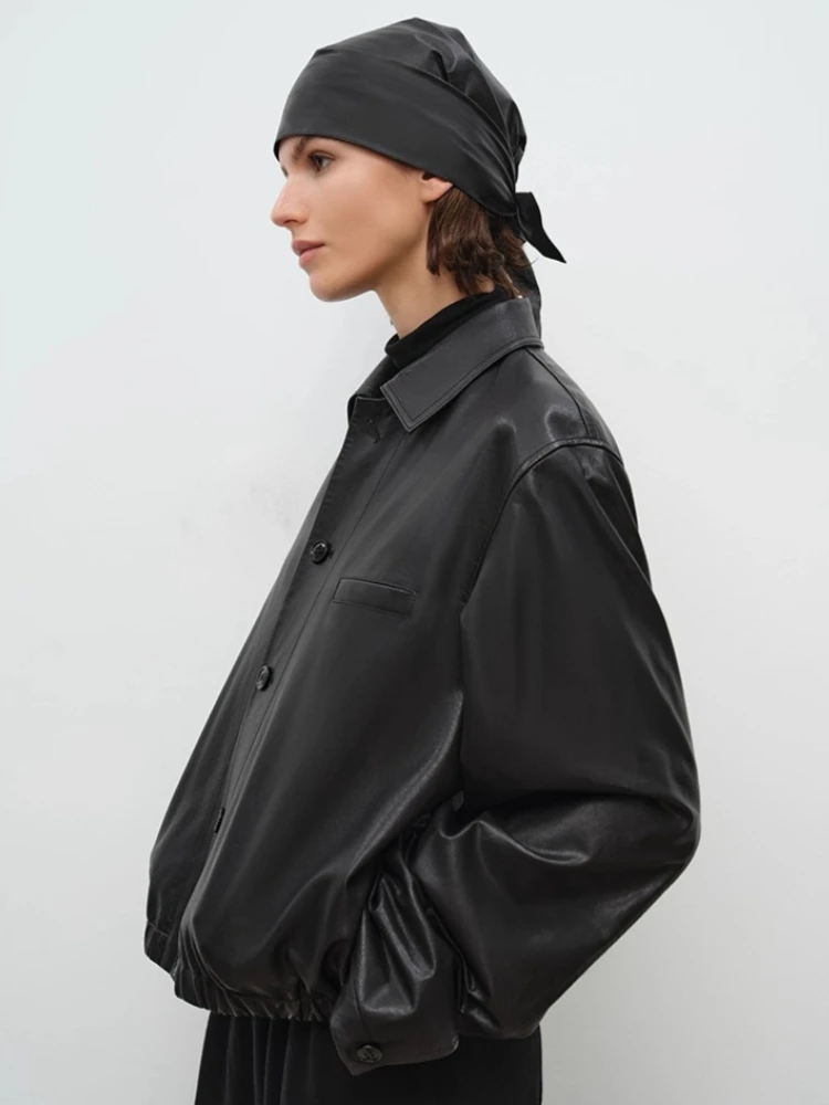 سترات قصيرة غير رسمية من الجلد الطبيعي للنساء لربيع وخريف 2025 معطف جديد راقي وبسيط وكلاسيكي ناعم أسود من جلد الغنم الحقيقي #5