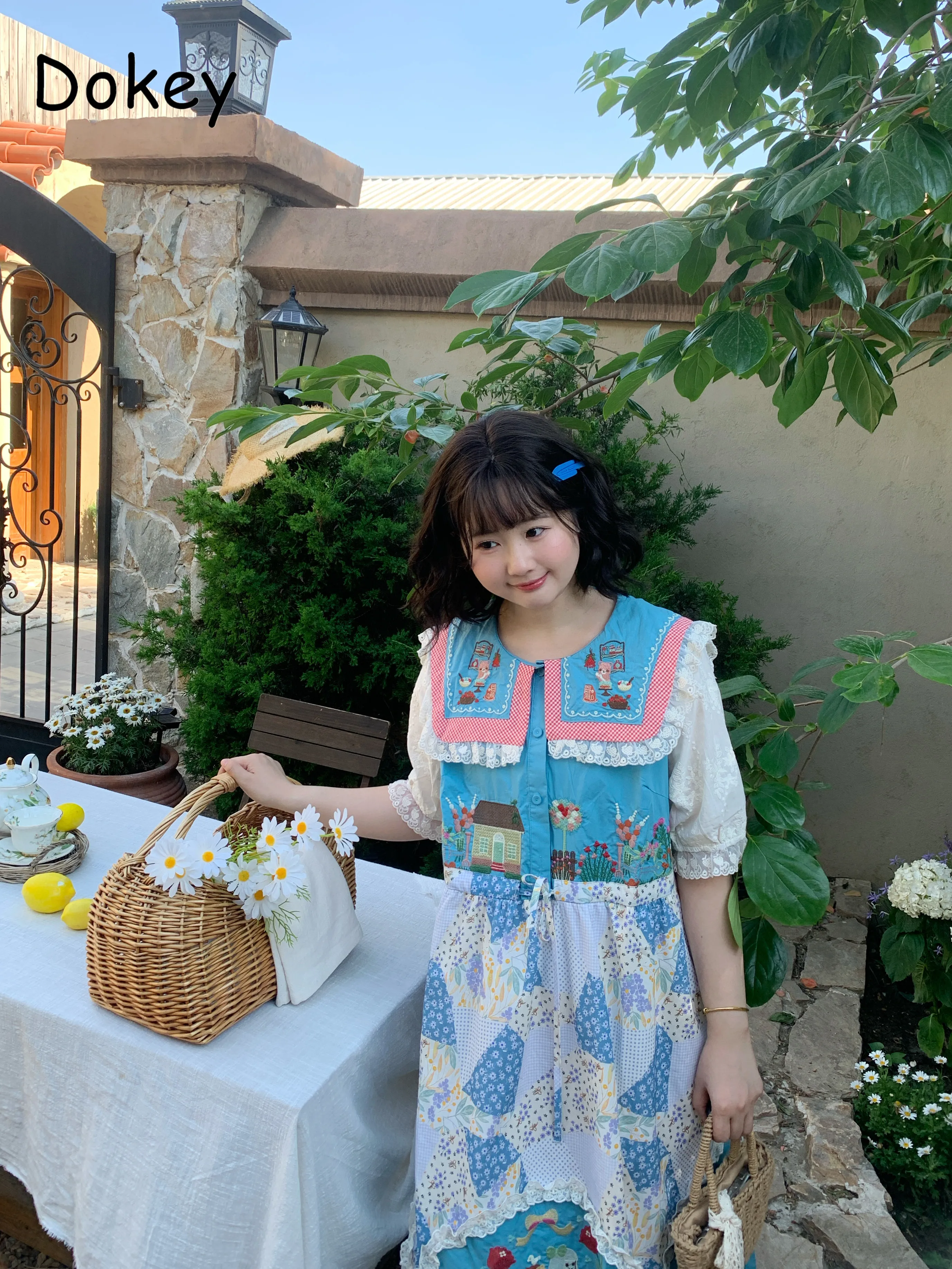Vintage Blue Patchwork Drawstring Kawaii Midi Dress Women Japanese Mori Girl Doll Collar Puff Sleeve Casual Cotton Linen Dress