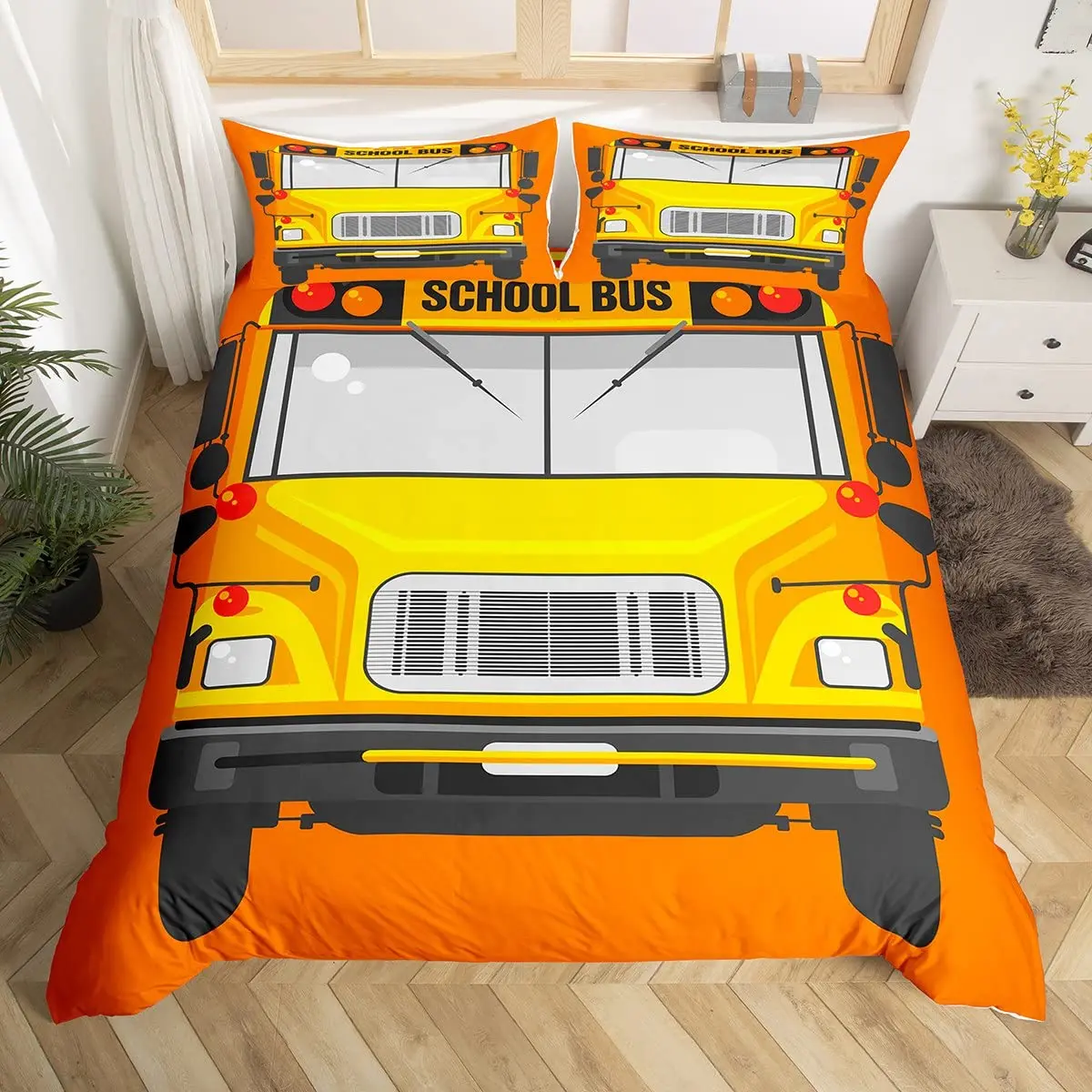 

School Bus Duvet Cover King Queen Cartoon Vehicle Comforter Cover Transportation Truck Bedding Set for Kids Boys Bedroom Decor