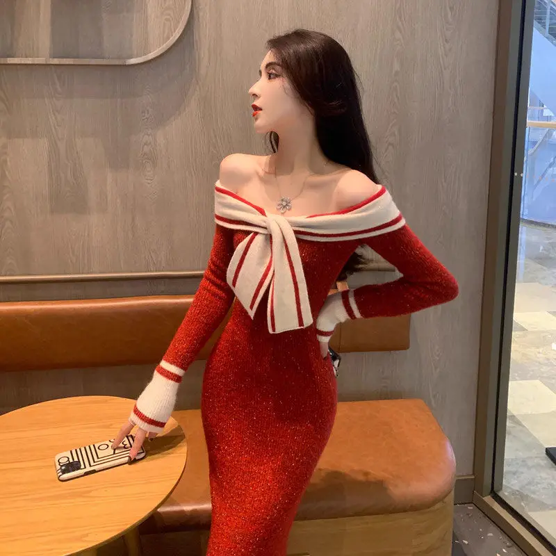 Gagarich Korean Off Shoulder Knitted Dress Women Autumn Winter 2024 New Fashion Niche Design Color Blocked Long Vestidos