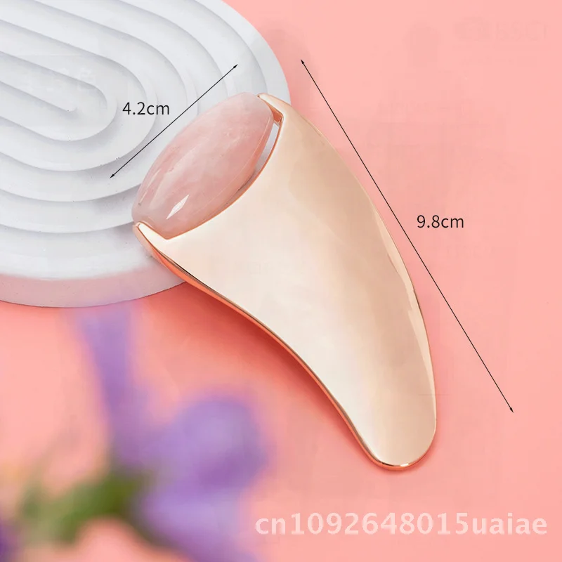 ลูกกลิ้งหยกนวดหน้า แผ่นขูดโลหะ เครื่องมือเสริมความงามยกกระชับผิว สำหรับการดูแลผิว สีโครเมียมโรสโกลด์