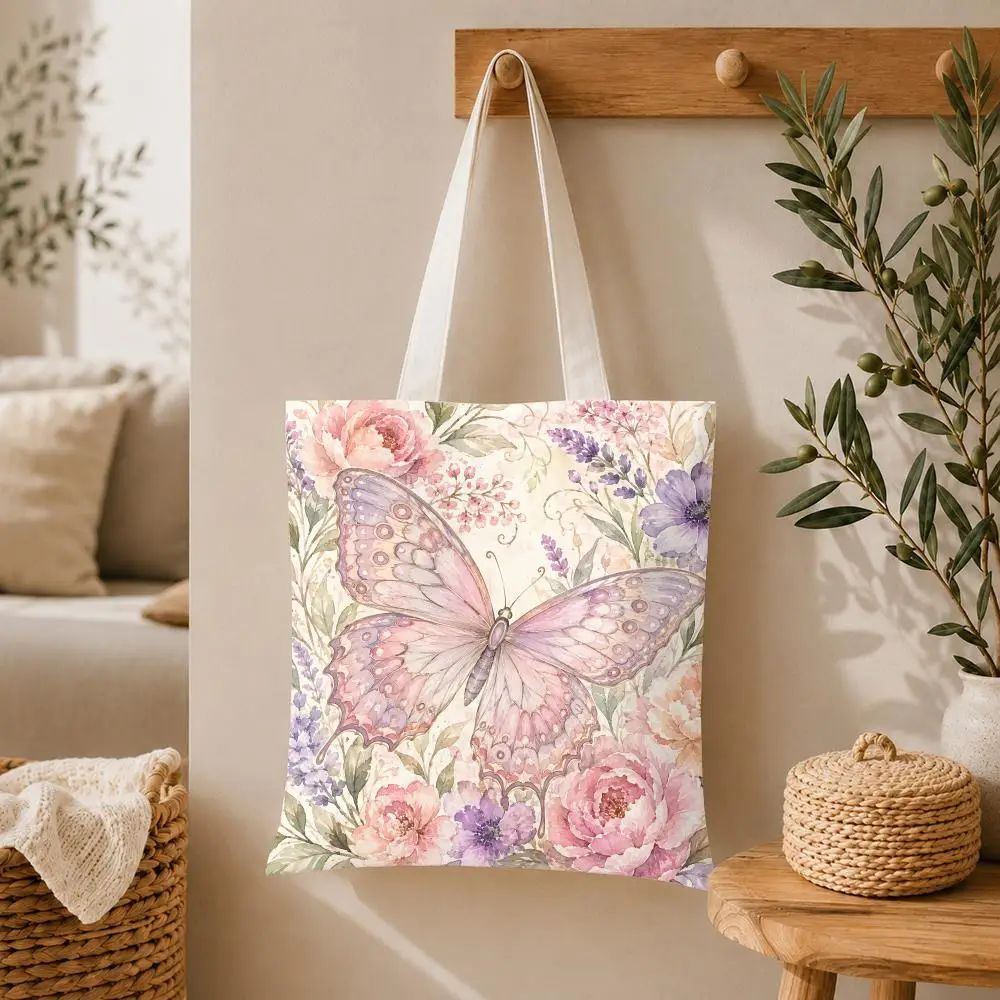 Floral Butterfly Pattern Storage Bags Large Capacity Canvas Tote Bag Reusable Shoulder Handbag for Daily Shopping Travel