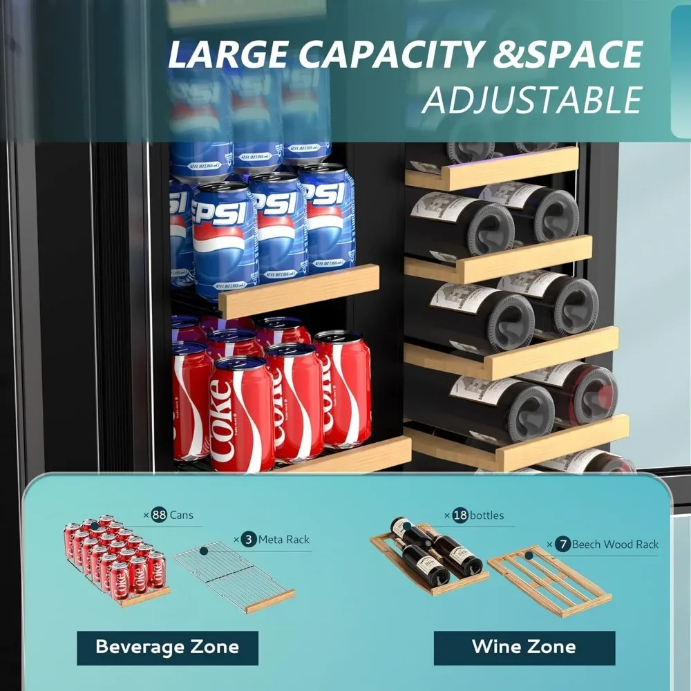 تور، مبرد نبيذ ثنائي المنطقة مقاس 24 بوصة مع باب زجاجي يحمل 21 زجاجة و88 علبة، مدمج أو Un