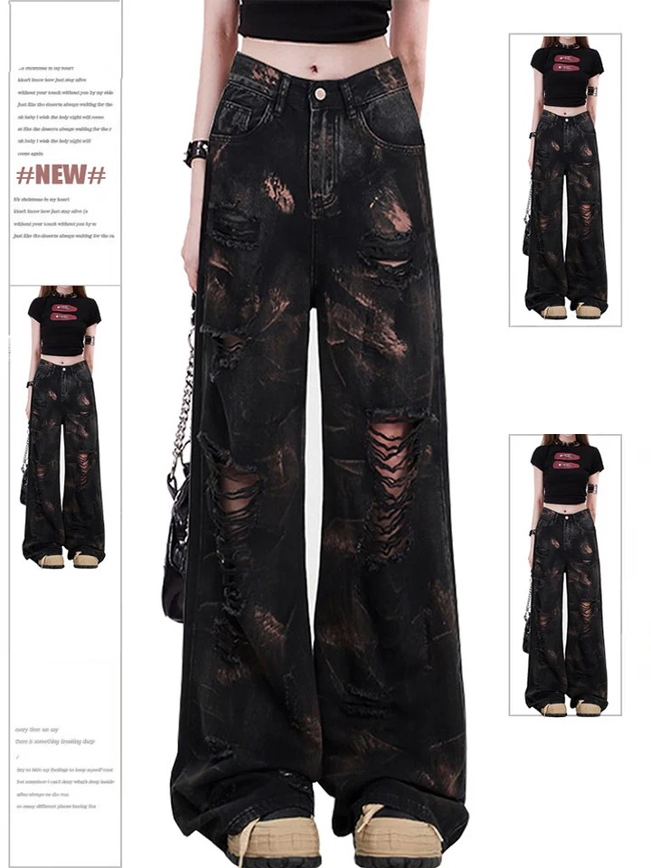 パンツ 00s Japanese Grunge Y2K Aesthetic Denim Women's Black Gothic Y2k Ripped Jeans Baggy Harajuku Denim