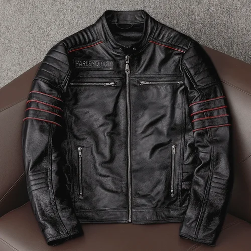 Imagen 2 del producto Chaqueta de moto de cuero Original de primavera para hombre, ropa de piel de vaca con bordado de calavera 2025, abrigo ajustado negro para hombre